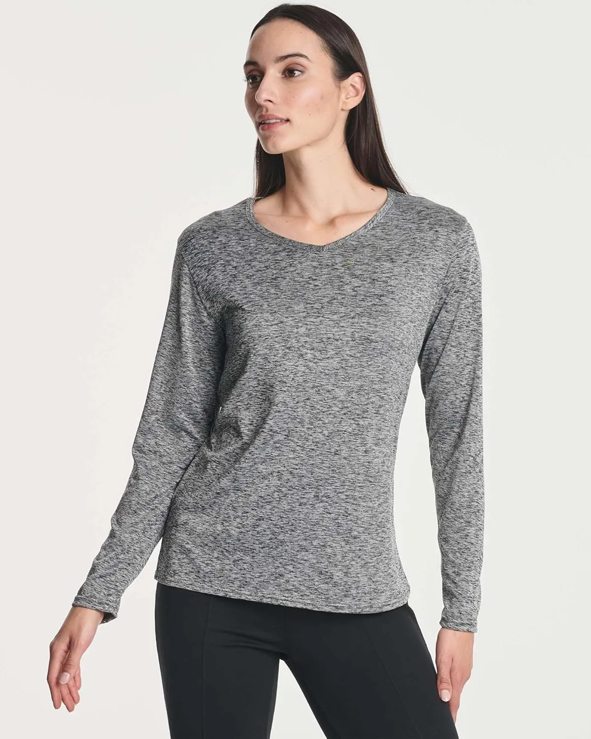Real Essentials 4-Pack: Women's Dry-Fit Long-Sleeve V-Neck Athletic Workout Shirt (Available in Plus Size)