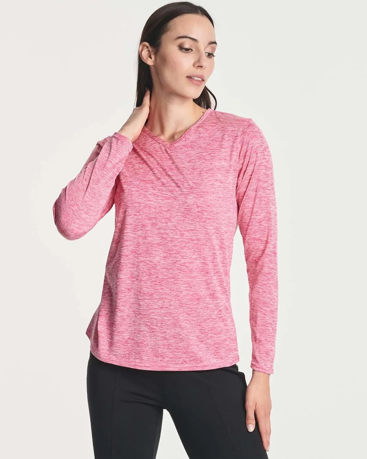 Real Essentials 4-Pack: Women's Dry-Fit Long-Sleeve V-Neck Athletic Workout Shirt (Available in Plus Size)