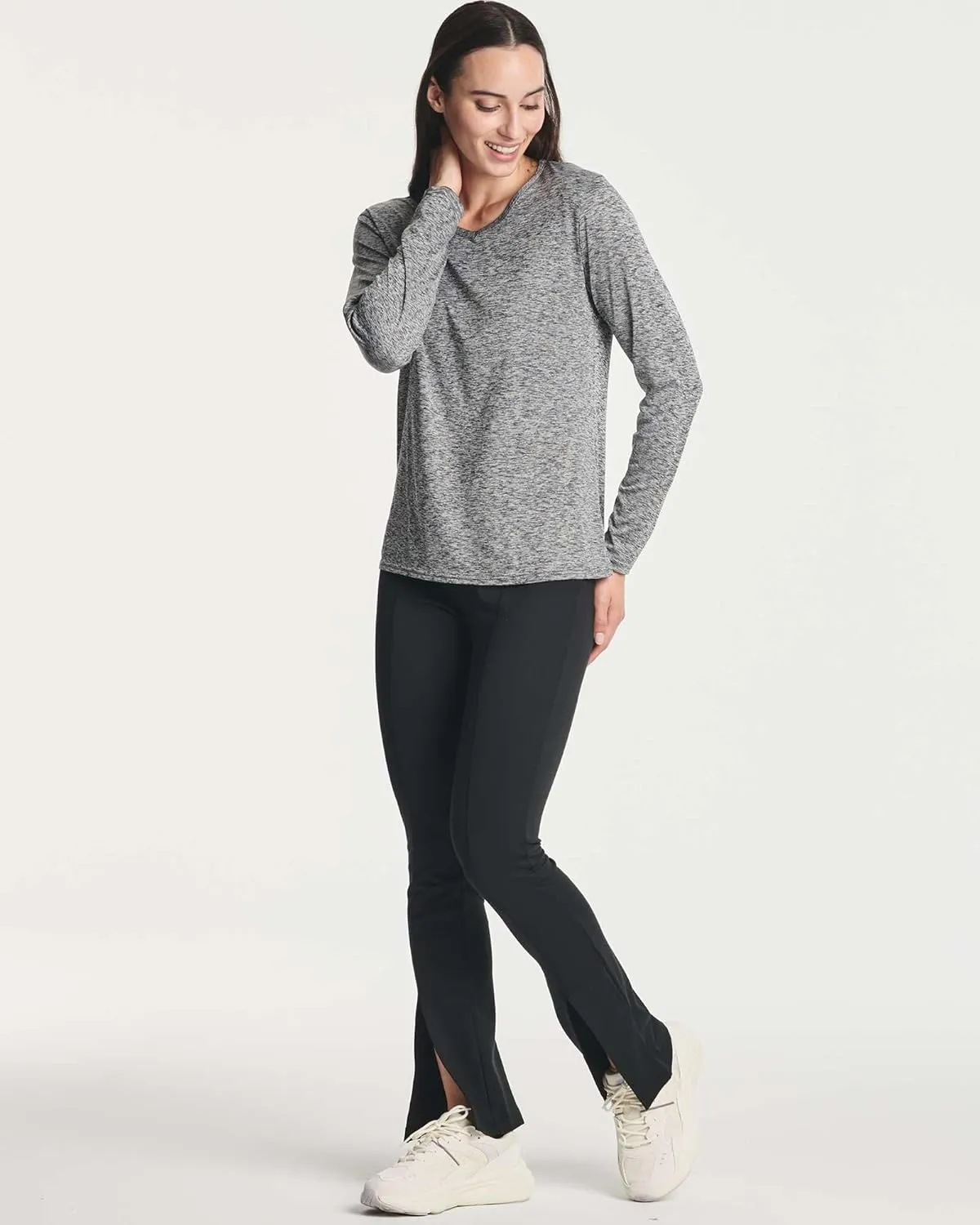 Real Essentials 4-Pack: Women's Dry-Fit Long-Sleeve V-Neck Athletic Workout Shirt (Available in Plus Size)