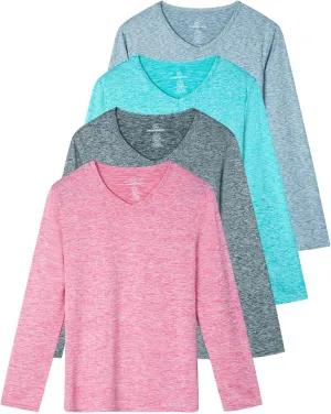 Real Essentials 4-Pack: Women's Dry-Fit Long-Sleeve V-Neck Athletic Workout Shirt (Available in Plus Size)