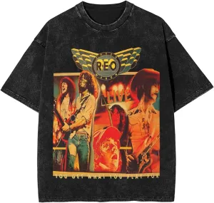 REO Rock Speedwagon Band Vintage Oversized T Shirt Novelty Round Neck Short Sleeves Tops for Unisex