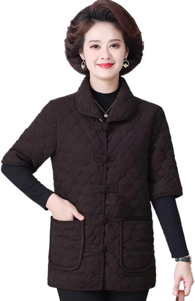 Retro suit -padded jacket for women in and winter ethnic style quilted outfit Chinese splicing cotton coat S4 Brown M