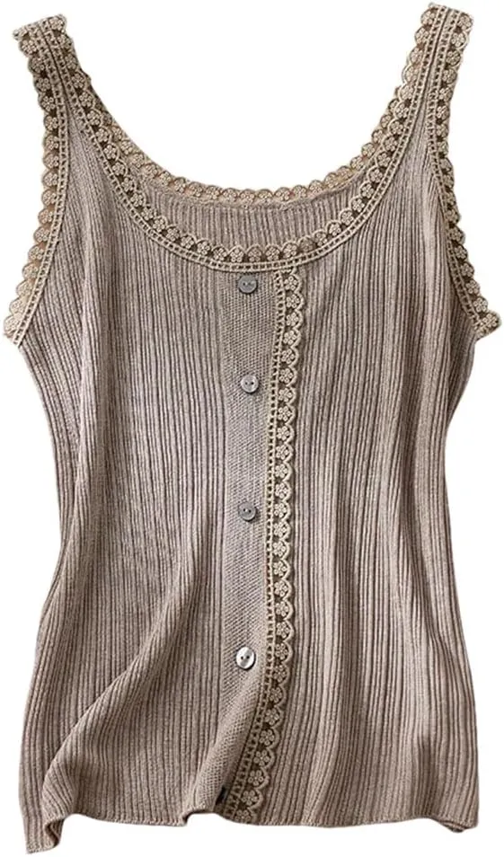 Rfmfkkg Women Silk Elegant Vest O Neck Splicing Lace Comfortable Slim Solid Knit Camisole Top