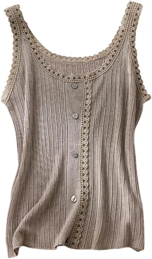 Rfmfkkg Women Silk Elegant Vest O Neck Splicing Lace Comfortable Slim Solid Knit Camisole Top