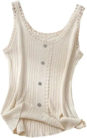 Rfmfkkg Women Silk Elegant Vest O Neck Splicing Lace Comfortable Slim Solid Knit Camisole Top