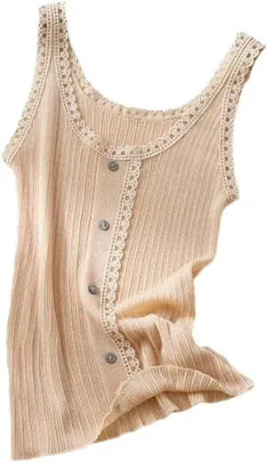 Rfmfkkg Women Silk Elegant Vest O Neck Splicing Lace Comfortable Slim Solid Knit Camisole Top