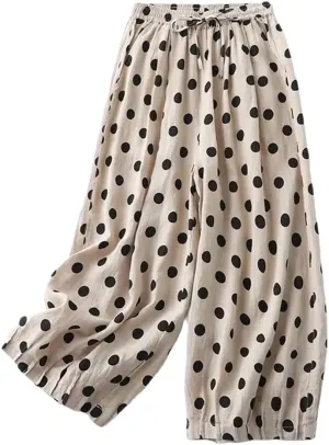 Rfmfkkg Women's Polka Dot Print Casual Elastic High Pants Waist Wide-Leg Loose Ankle-Length Pants