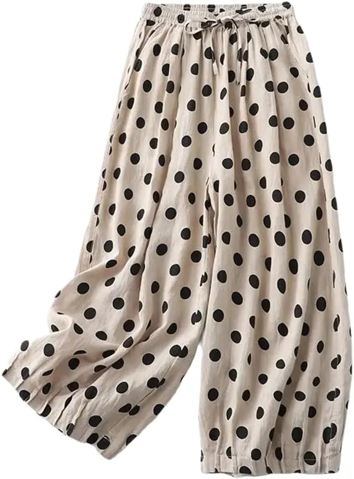 Rfmfkkg Women's Polka Dot Print Casual Elastic High Pants Waist Wide-Leg Loose Ankle-Length Pants