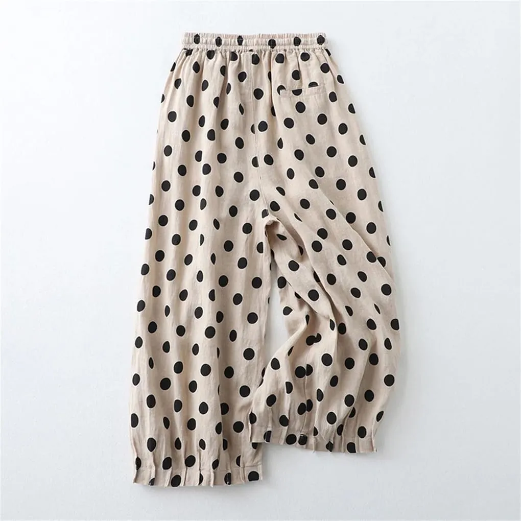 Rfmfkkg Women's Polka Dot Print Casual Elastic High Pants Waist Wide-Leg Loose Ankle-Length Pants
