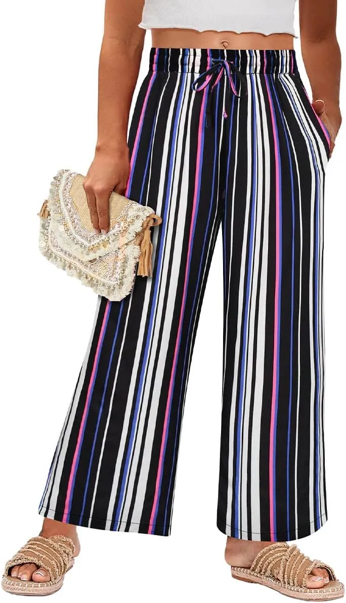 RITERA Womens Plus Size Elastic Waist Wide Leg Pants with Pockets Casual Loose High Waist Pleated Lounge Palazzo Trousers