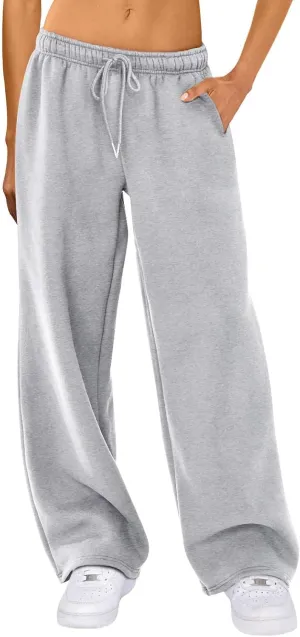 RUEWEY Women's Baggy Sweatpants Solid Color Drawstring High Waist Wide Leg Trousers Athletic Joggers Lounge Pants