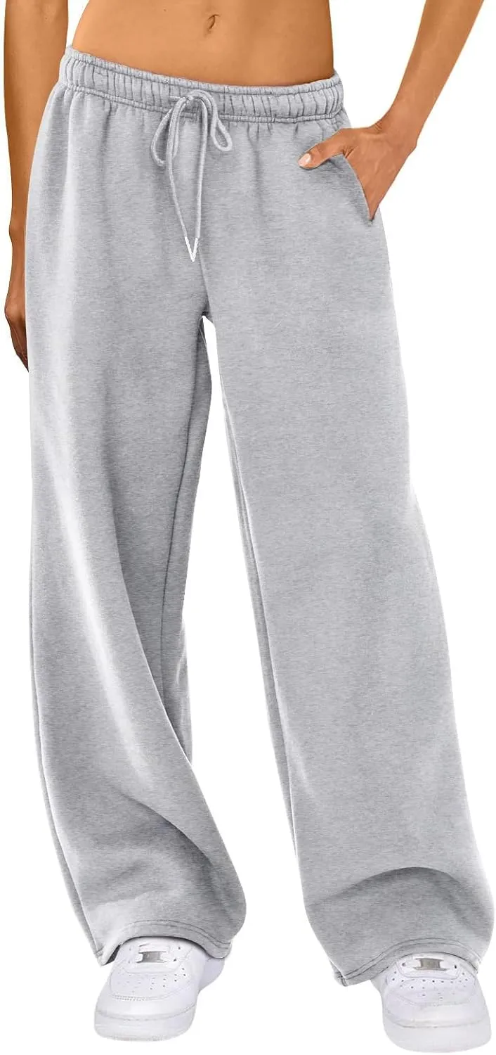 RUEWEY Women's Baggy Sweatpants Solid Color Drawstring High Waist Wide Leg Trousers Athletic Joggers Lounge Pants