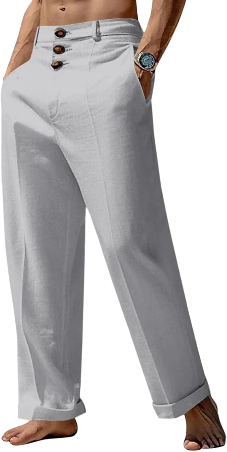 Runcati Mens Cotton Linen Pants Elastic Waist Casual Lightweight Loose Fit Beach Yoga Pants