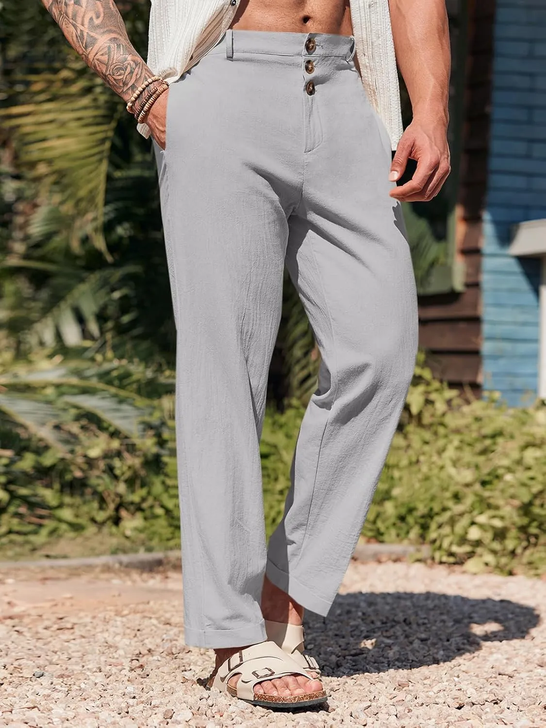 Runcati Mens Cotton Linen Pants Elastic Waist Casual Lightweight Loose Fit Beach Yoga Pants