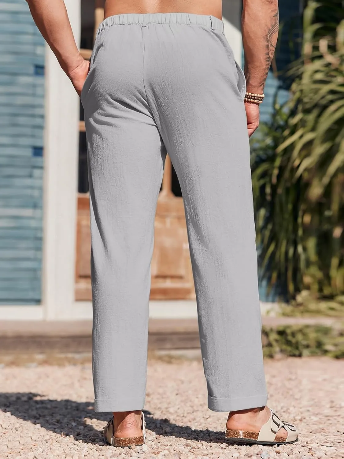 Runcati Mens Cotton Linen Pants Elastic Waist Casual Lightweight Loose Fit Beach Yoga Pants