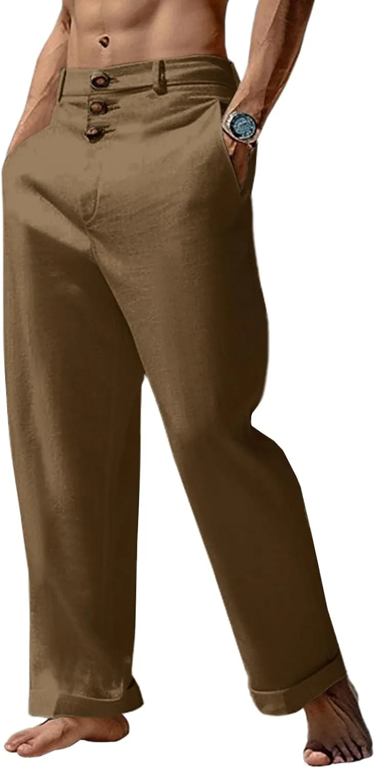 Runcati Mens Cotton Linen Pants Elastic Waist Casual Lightweight Loose Fit Beach Yoga Pants