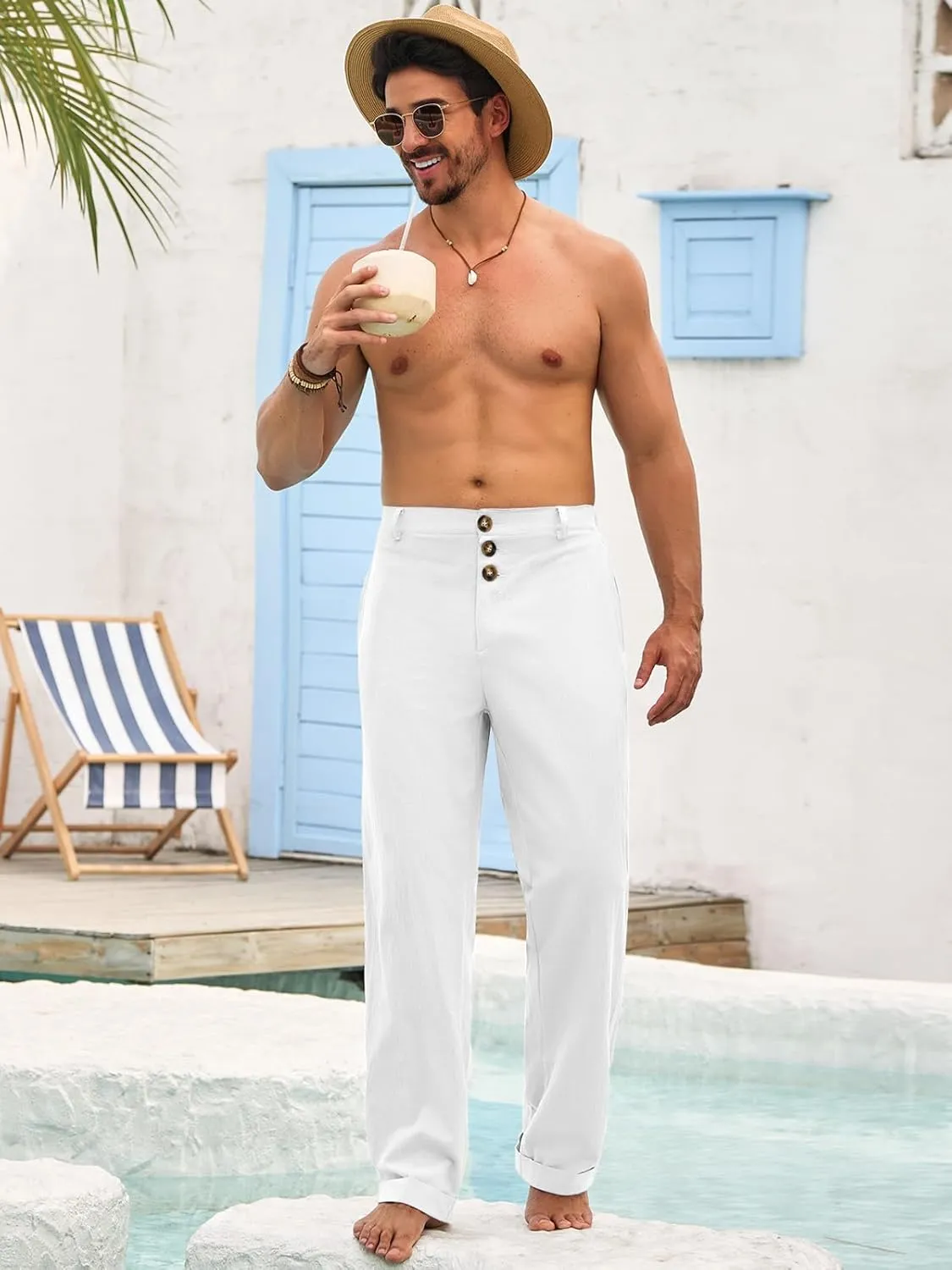 Runcati Mens Cotton Linen Pants Elastic Waist Casual Lightweight Loose Fit Beach Yoga Pants