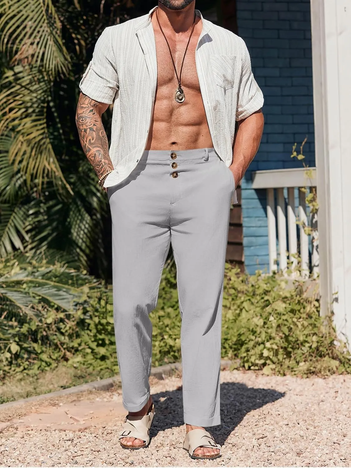 Runcati Mens Cotton Linen Pants Elastic Waist Casual Lightweight Loose Fit Beach Yoga Pants