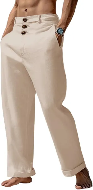 Runcati Mens Cotton Linen Pants Elastic Waist Casual Lightweight Loose Fit Beach Yoga Pants