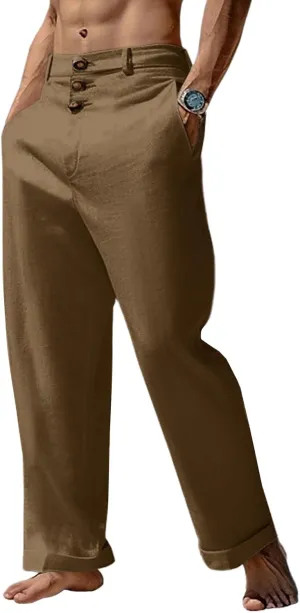 Runcati Mens Cotton Linen Pants Elastic Waist Casual Lightweight Loose Fit Beach Yoga Pants