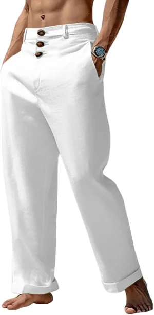 Runcati Mens Cotton Linen Pants Elastic Waist Casual Lightweight Loose Fit Beach Yoga Pants