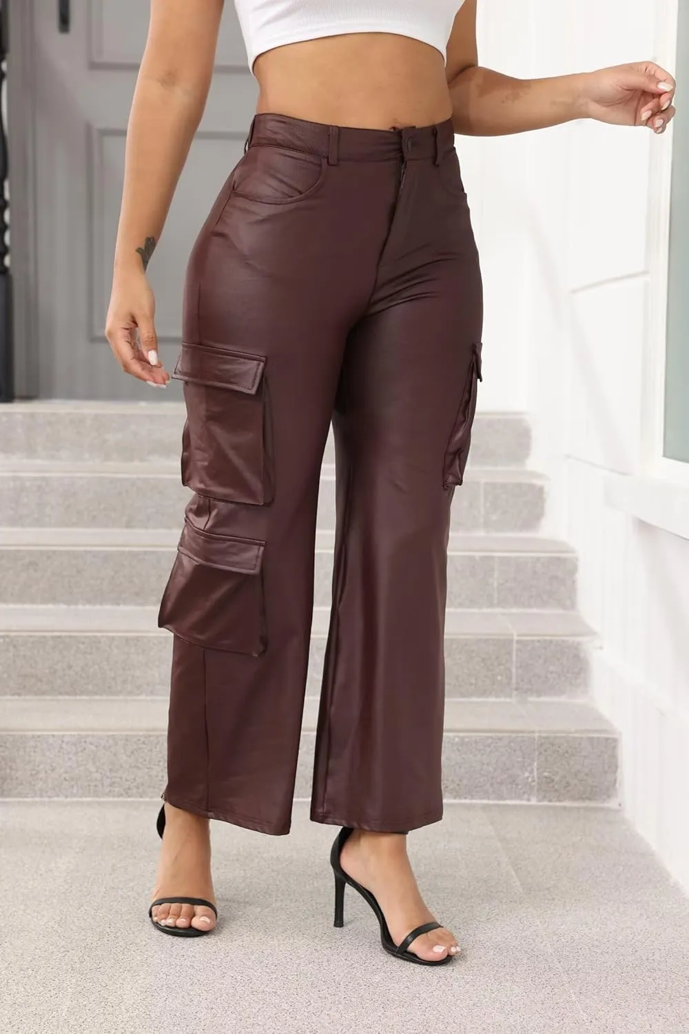 Ryehack Faux Leather Pants for Women Y2K High Waisted Wide Leg Cargo Pants PU Trousers with Pockets
