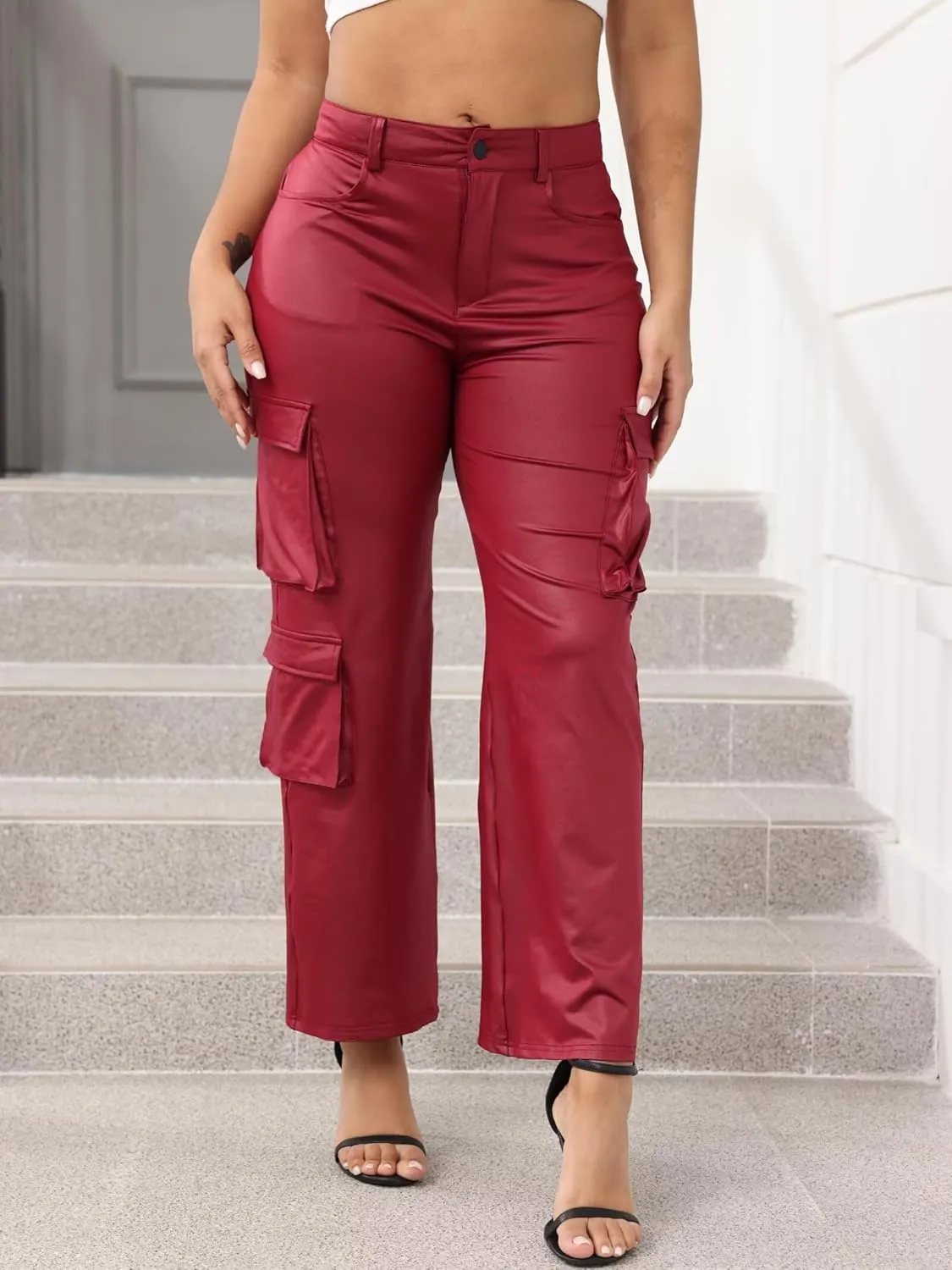 Ryehack Faux Leather Pants for Women Y2K High Waisted Wide Leg Cargo Pants PU Trousers with Pockets
