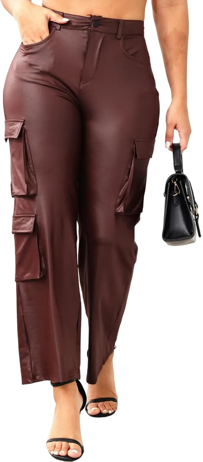 Ryehack Faux Leather Pants for Women Y2K High Waisted Wide Leg Cargo Pants PU Trousers with Pockets