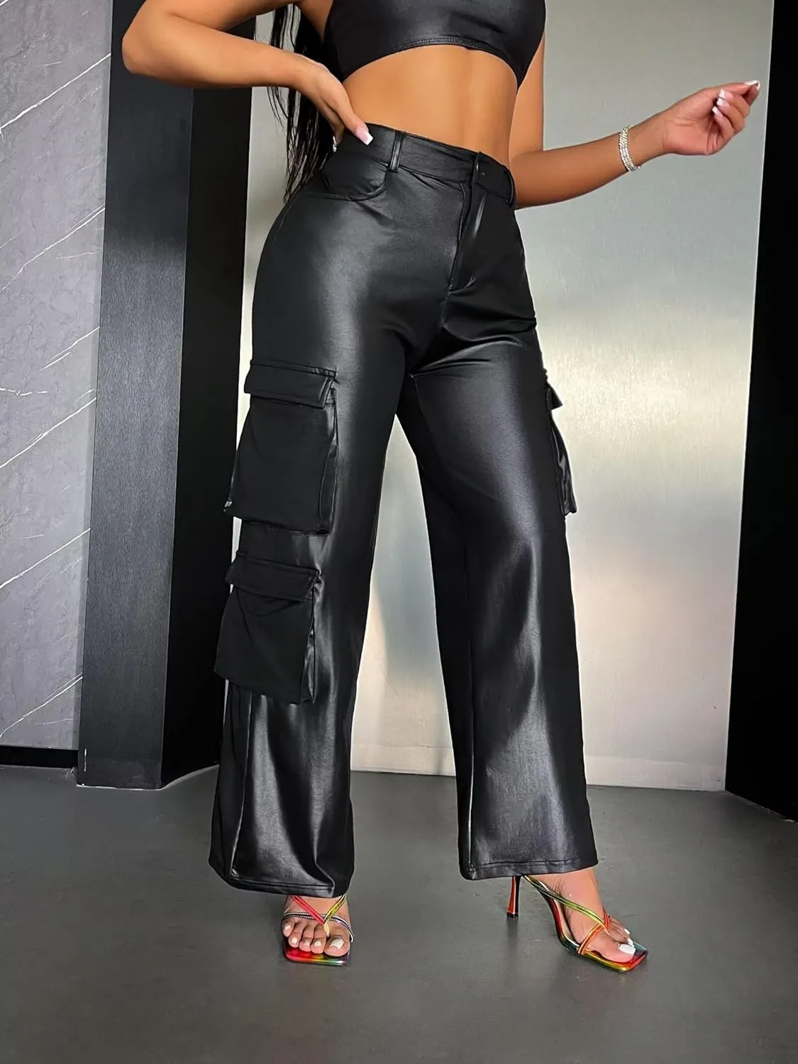 Ryehack Faux Leather Pants for Women Y2K High Waisted Wide Leg Cargo Pants PU Trousers with Pockets