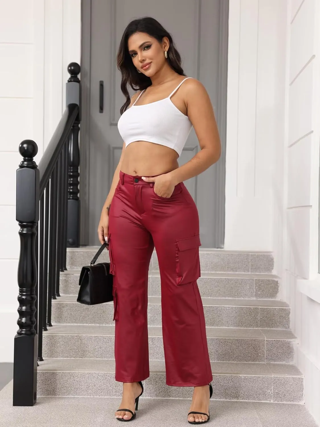 Ryehack Faux Leather Pants for Women Y2K High Waisted Wide Leg Cargo Pants PU Trousers with Pockets
