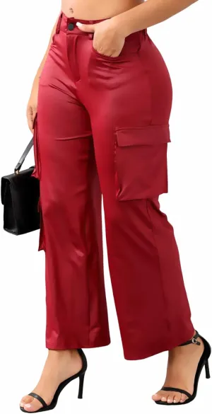 Ryehack Faux Leather Pants for Women Y2K High Waisted Wide Leg Cargo Pants PU Trousers with Pockets