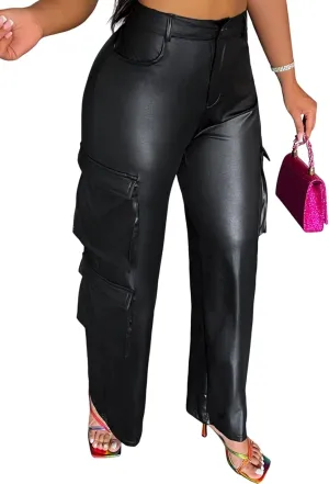 Ryehack Faux Leather Pants for Women Y2K High Waisted Wide Leg Cargo Pants PU Trousers with Pockets
