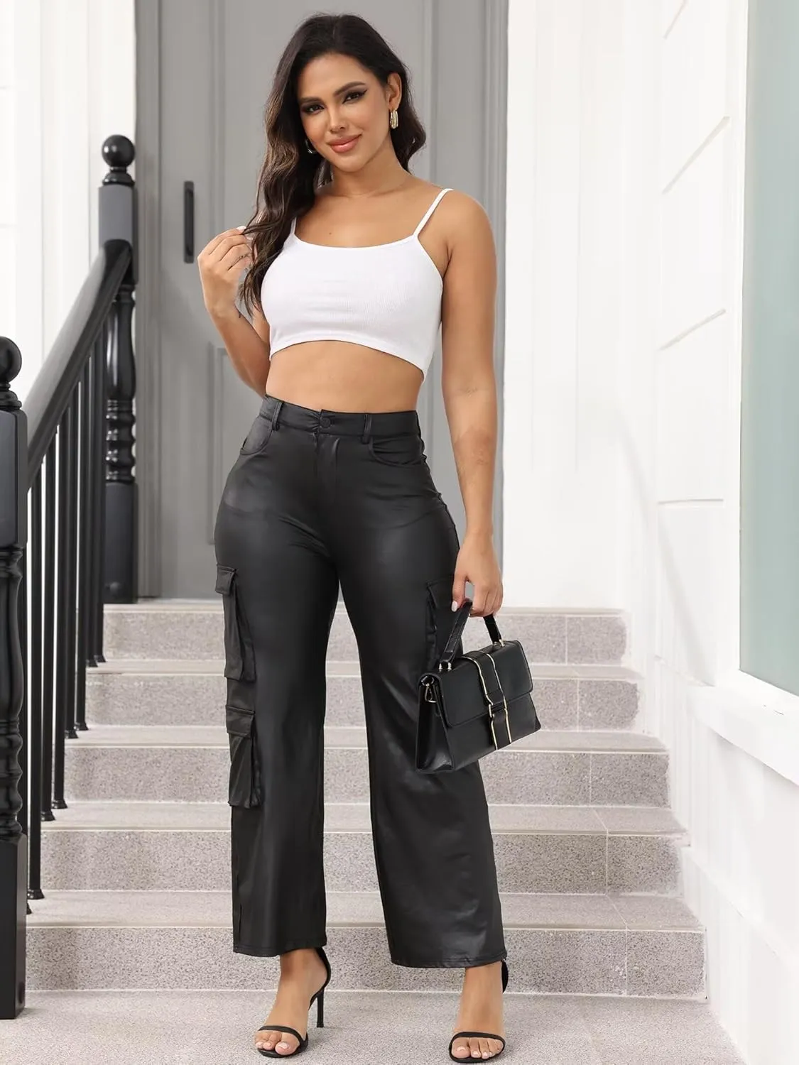 Ryehack Faux Leather Pants for Women Y2K High Waisted Wide Leg Cargo Pants PU Trousers with Pockets