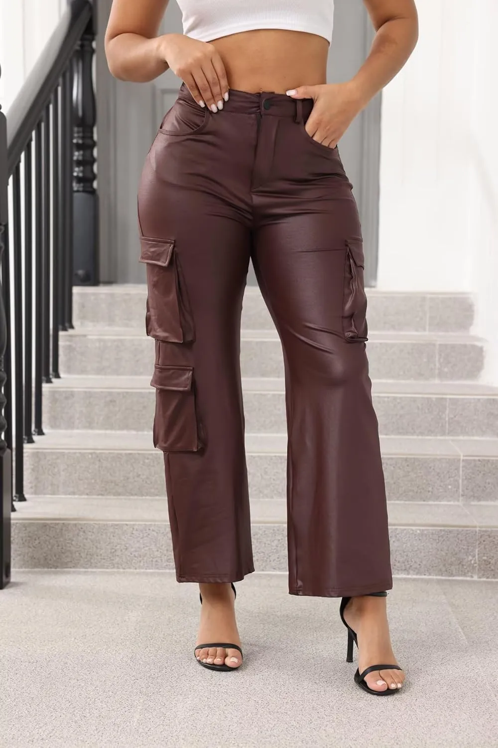 Ryehack Faux Leather Pants for Women Y2K High Waisted Wide Leg Cargo Pants PU Trousers with Pockets
