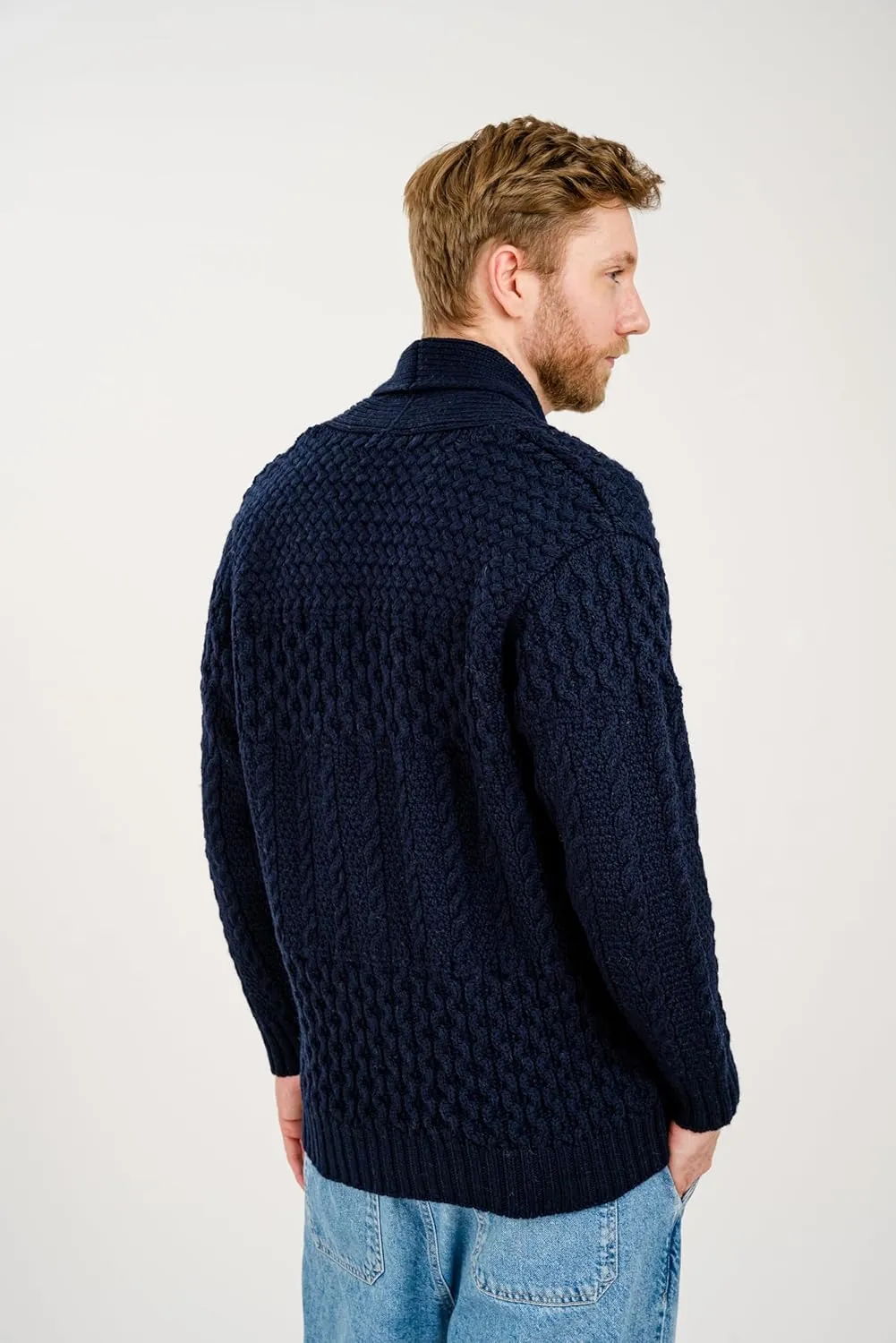 SAOL Men's Cardigan Merino Wool Knit Shawl Collar Casual Sweater with Buttons