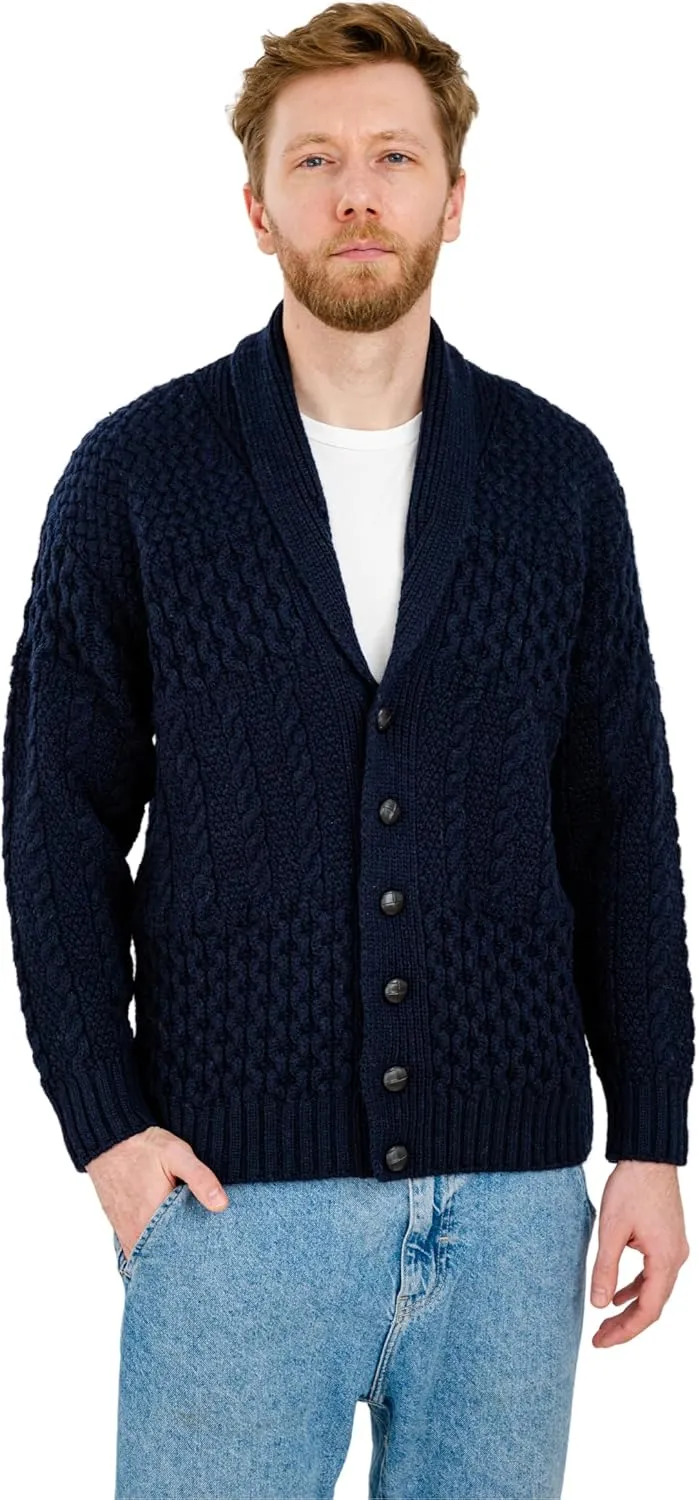 SAOL Men's Cardigan Merino Wool Knit Shawl Collar Casual Sweater with Buttons