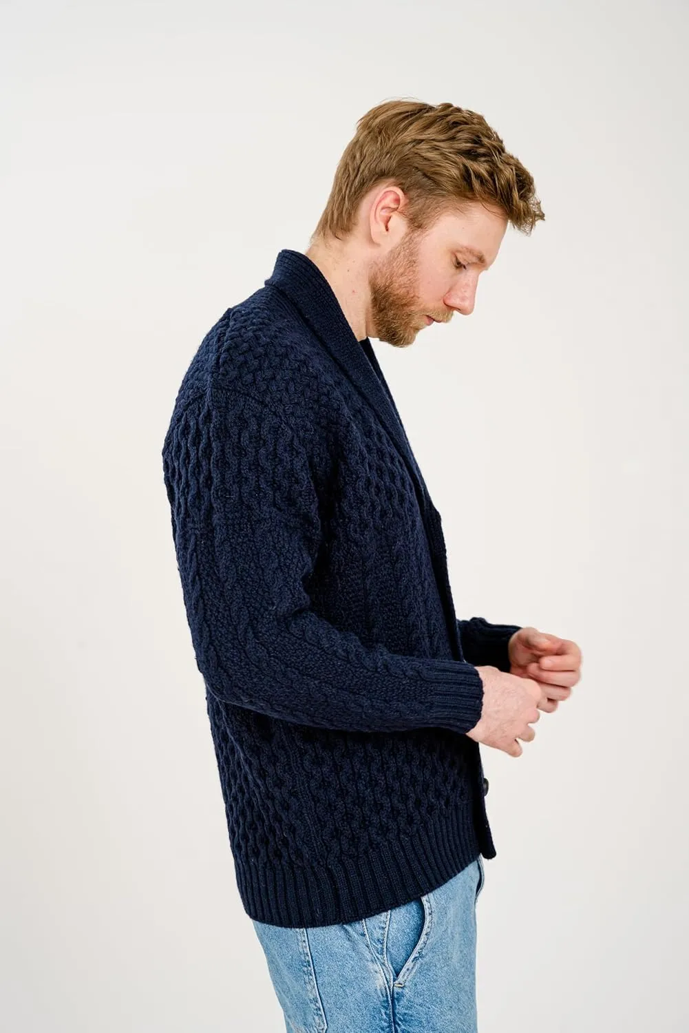 SAOL Men's Cardigan Merino Wool Knit Shawl Collar Casual Sweater with Buttons