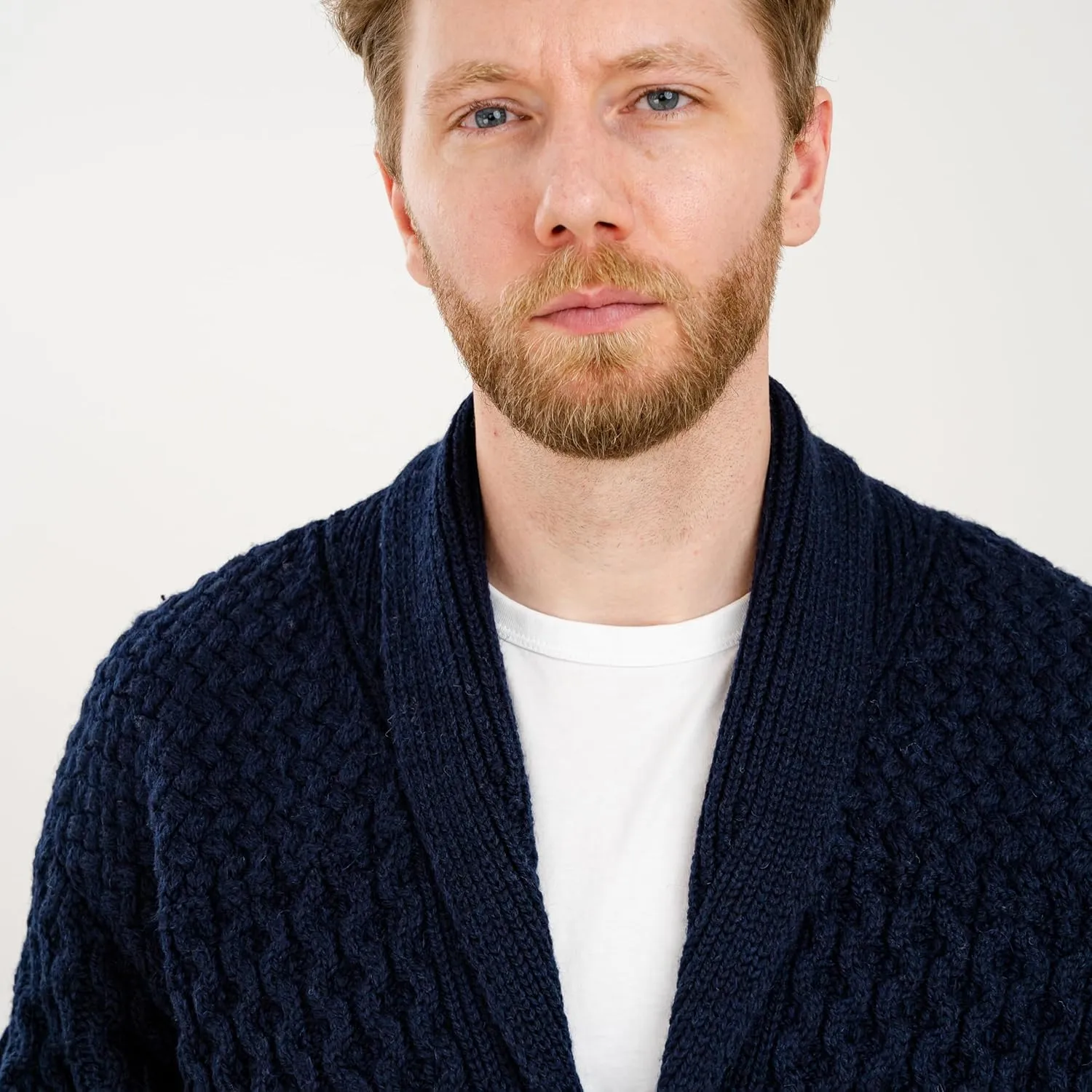 SAOL Men's Cardigan Merino Wool Knit Shawl Collar Casual Sweater with Buttons