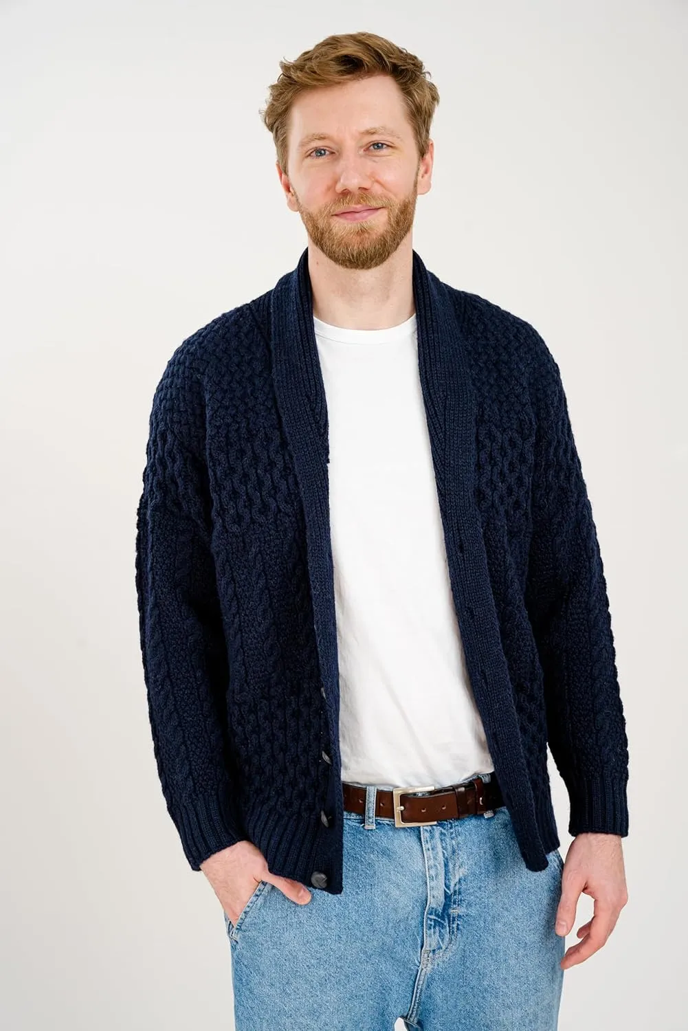 SAOL Men's Cardigan Merino Wool Knit Shawl Collar Casual Sweater with Buttons