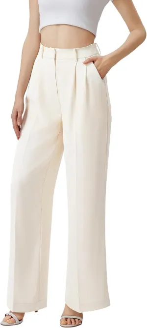 Sassy Zoeey Wide-Leg Pants | High-Waisted Trousers With Pockets | Comfortable Work Pants - Business Casual | Beige, Large-Long