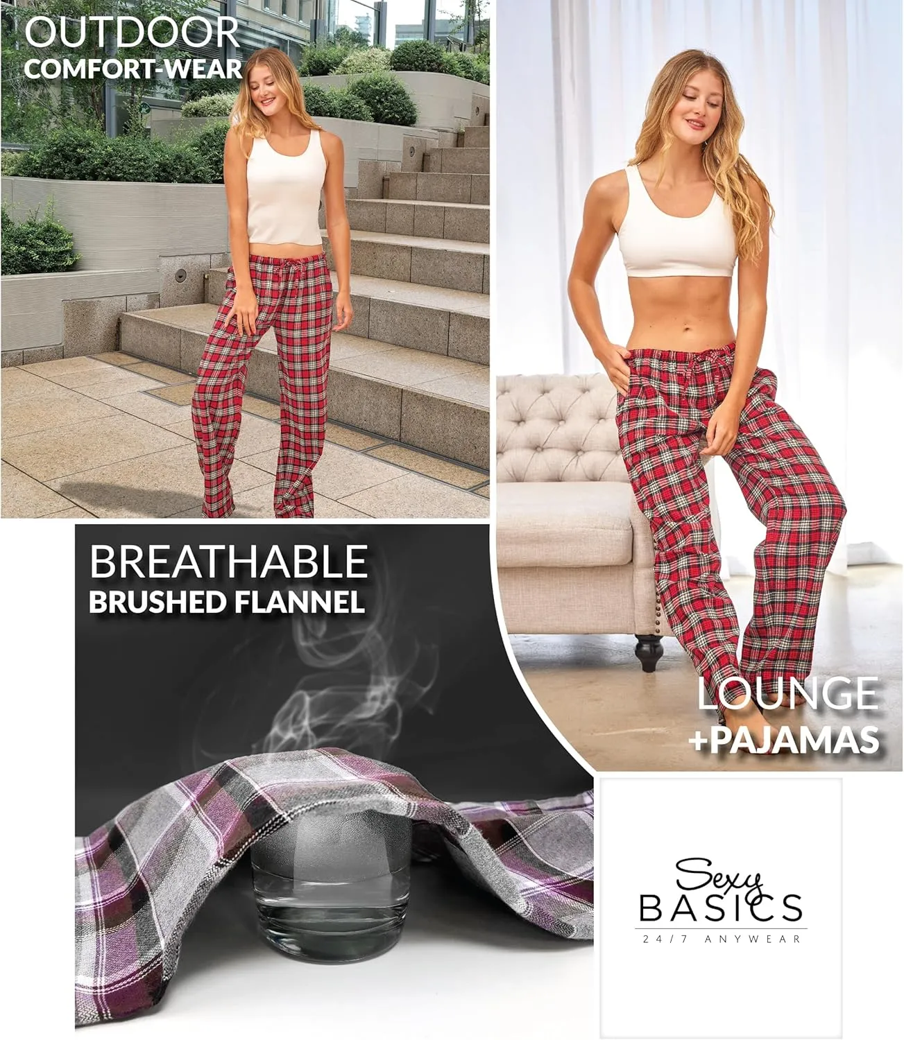 Sexy Basics Women's Lounge & Sleep PJ Pants/Soft Flannel Cotton Brush Long Pants - 3 Pack