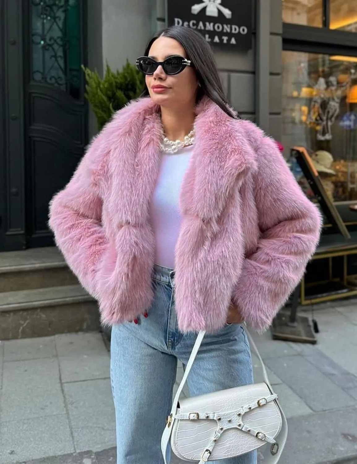 Shiyifa Faux Fur Coat for Women Fluffy Faux Fur Jacket Long Sleeve Open Front Cropped Fuzzy Outerwear