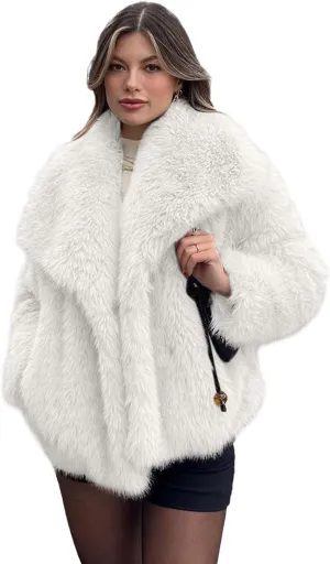 Shiyifa Faux Fur Coat for Women Fluffy Faux Fur Jacket Long Sleeve Open Front Cropped Fuzzy Outerwear
