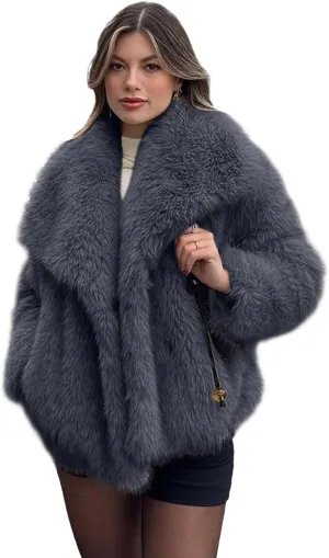 Shiyifa Faux Fur Coat for Women Fluffy Faux Fur Jacket Long Sleeve Open Front Cropped Fuzzy Outerwear