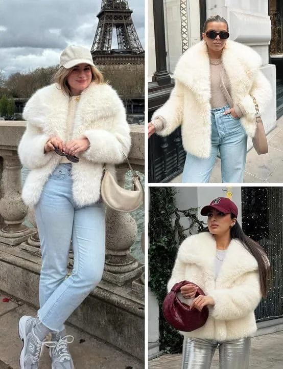 Shiyifa Faux Fur Coat for Women Fluffy Faux Fur Jacket Long Sleeve Open Front Cropped Fuzzy Outerwear