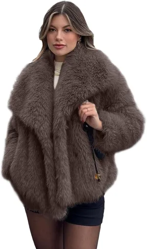 Shiyifa Faux Fur Coat for Women Fluffy Faux Fur Jacket Long Sleeve Open Front Cropped Fuzzy Outerwear