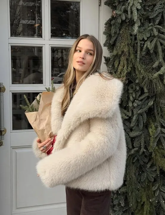 Shiyifa Faux Fur Coat for Women Fluffy Faux Fur Jacket Long Sleeve Open Front Cropped Fuzzy Outerwear
