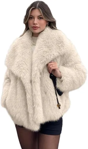 Shiyifa Faux Fur Coat for Women Fluffy Faux Fur Jacket Long Sleeve Open Front Cropped Fuzzy Outerwear