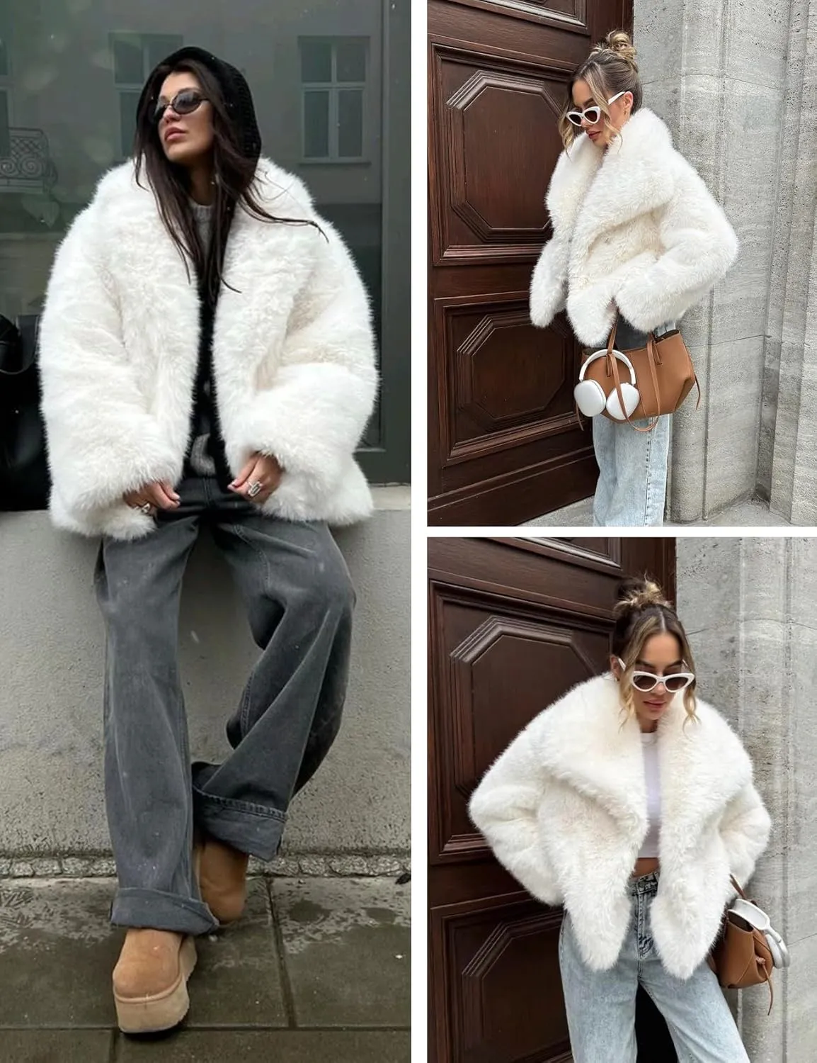Shiyifa Faux Fur Coat for Women Fluffy Faux Fur Jacket Long Sleeve Open Front Cropped Fuzzy Outerwear