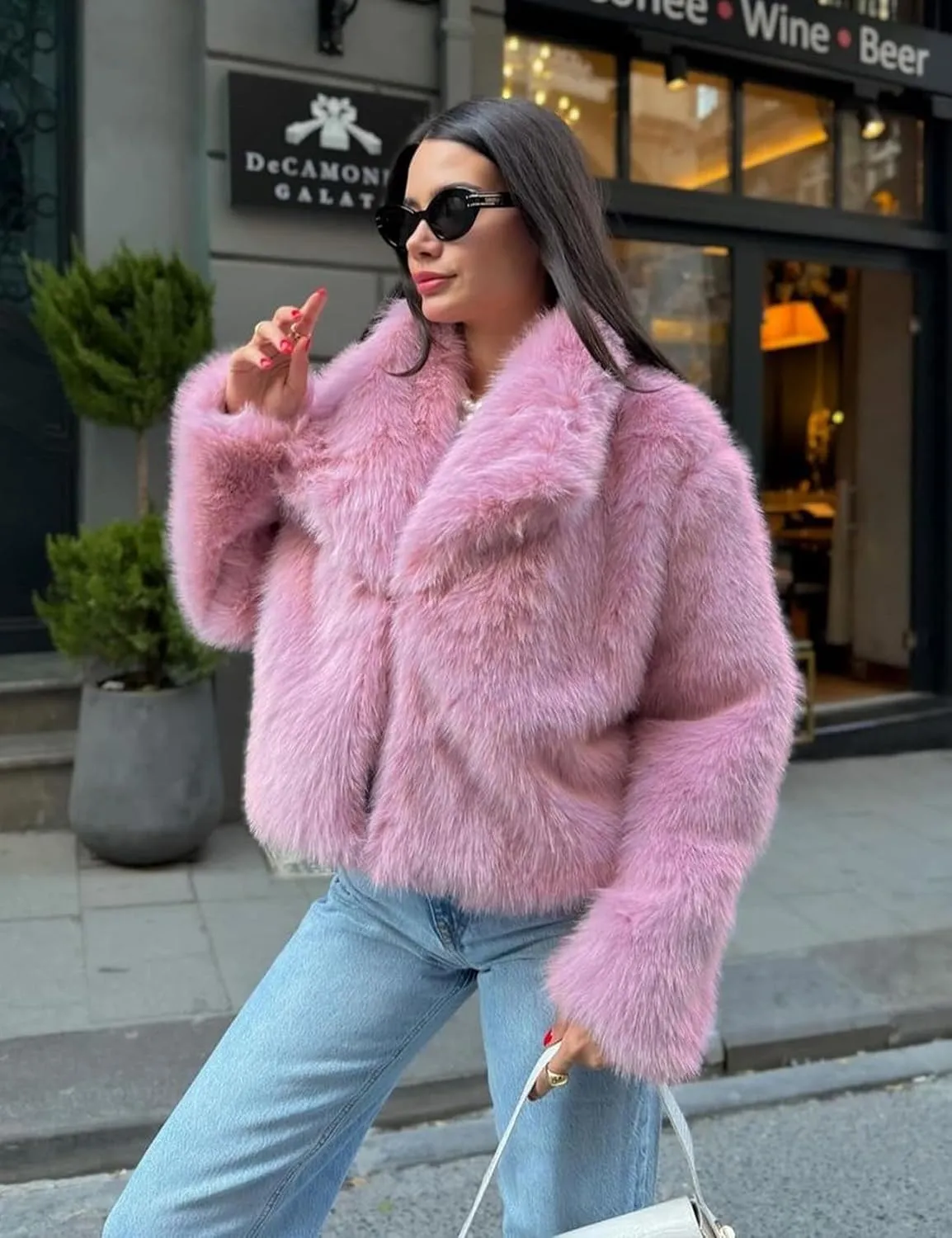 Shiyifa Faux Fur Coat for Women Fluffy Faux Fur Jacket Long Sleeve Open Front Cropped Fuzzy Outerwear